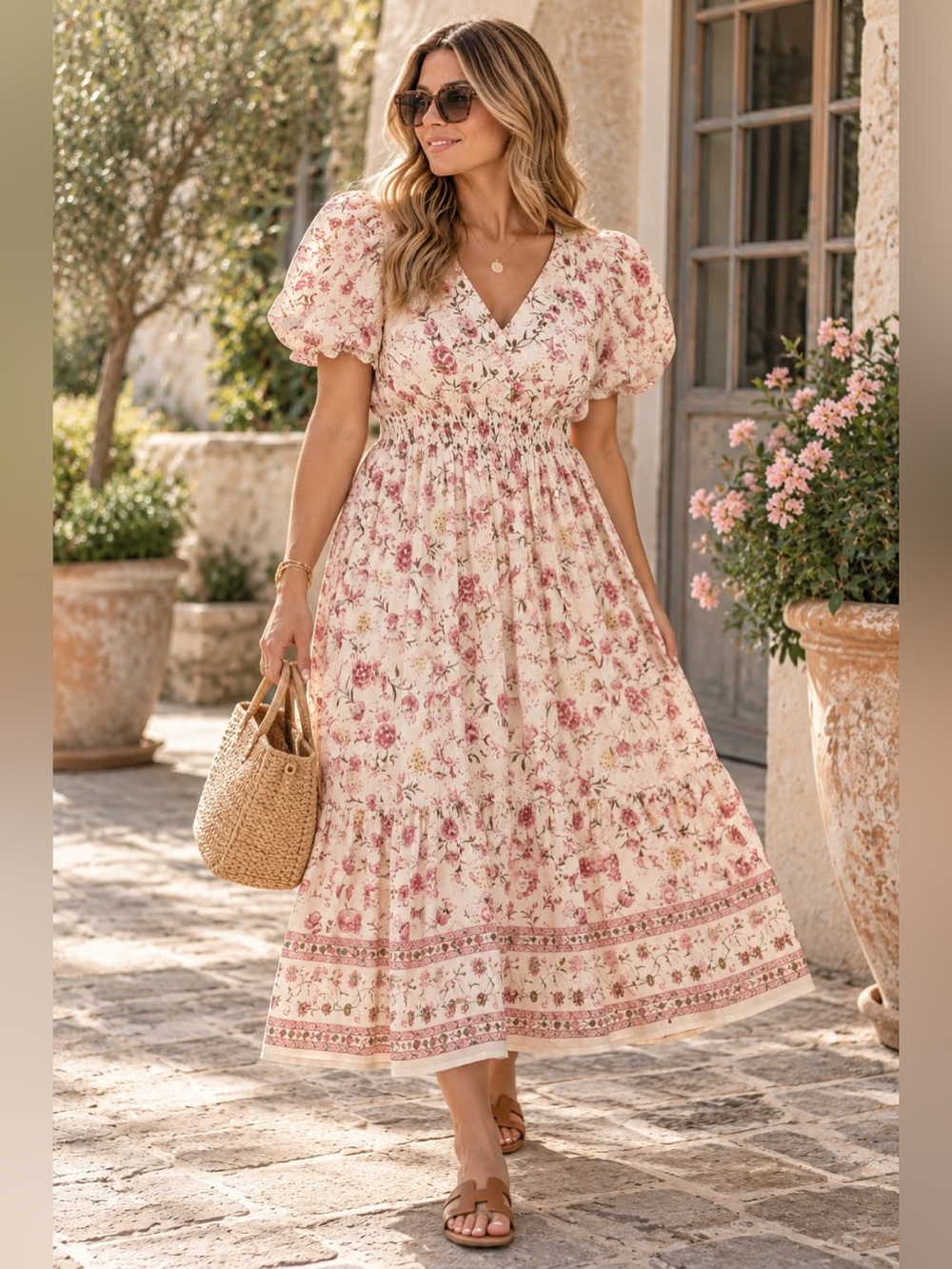 NWT LEA Womens 3X Puff Sleeve Maxi Dress Floral V Neck Plus Size Flowy